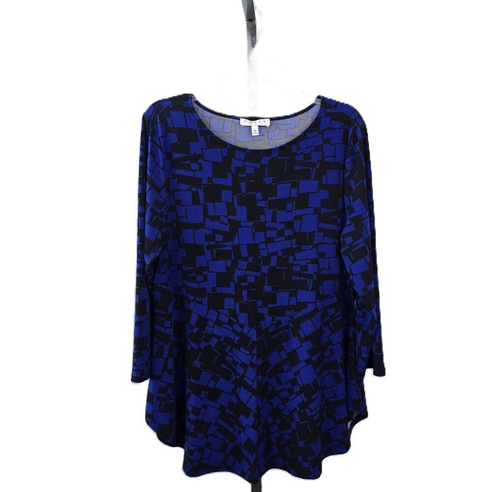 Chaus New York Scoop Neck 3/4 Sleeve Round Hem‎ Printed Top Blue Black XL
